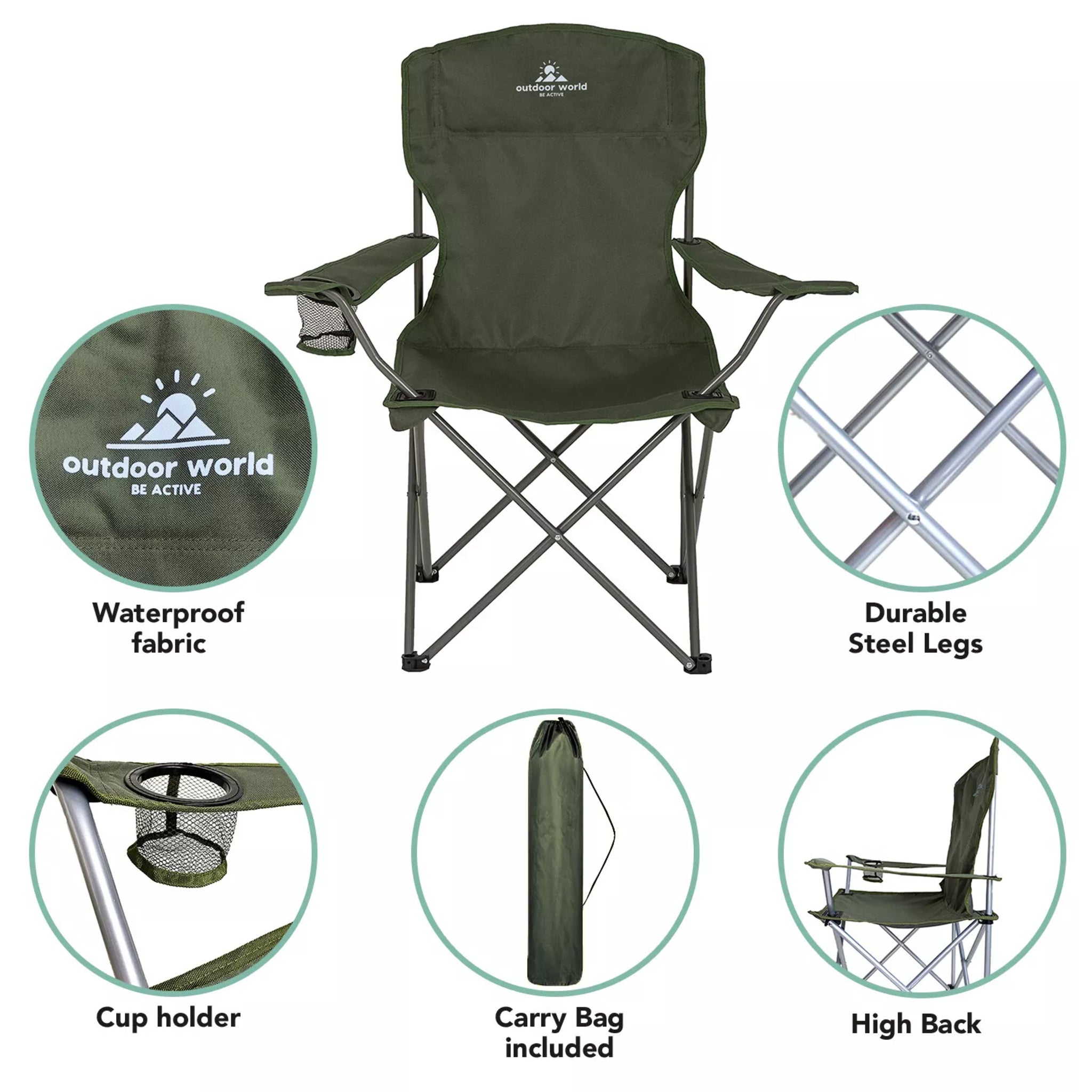 Olive Green Outdoor World Folding Camping Chair with Cup Holder High Back Waterproof Fabric Durable Steel Legs and Carry Bag